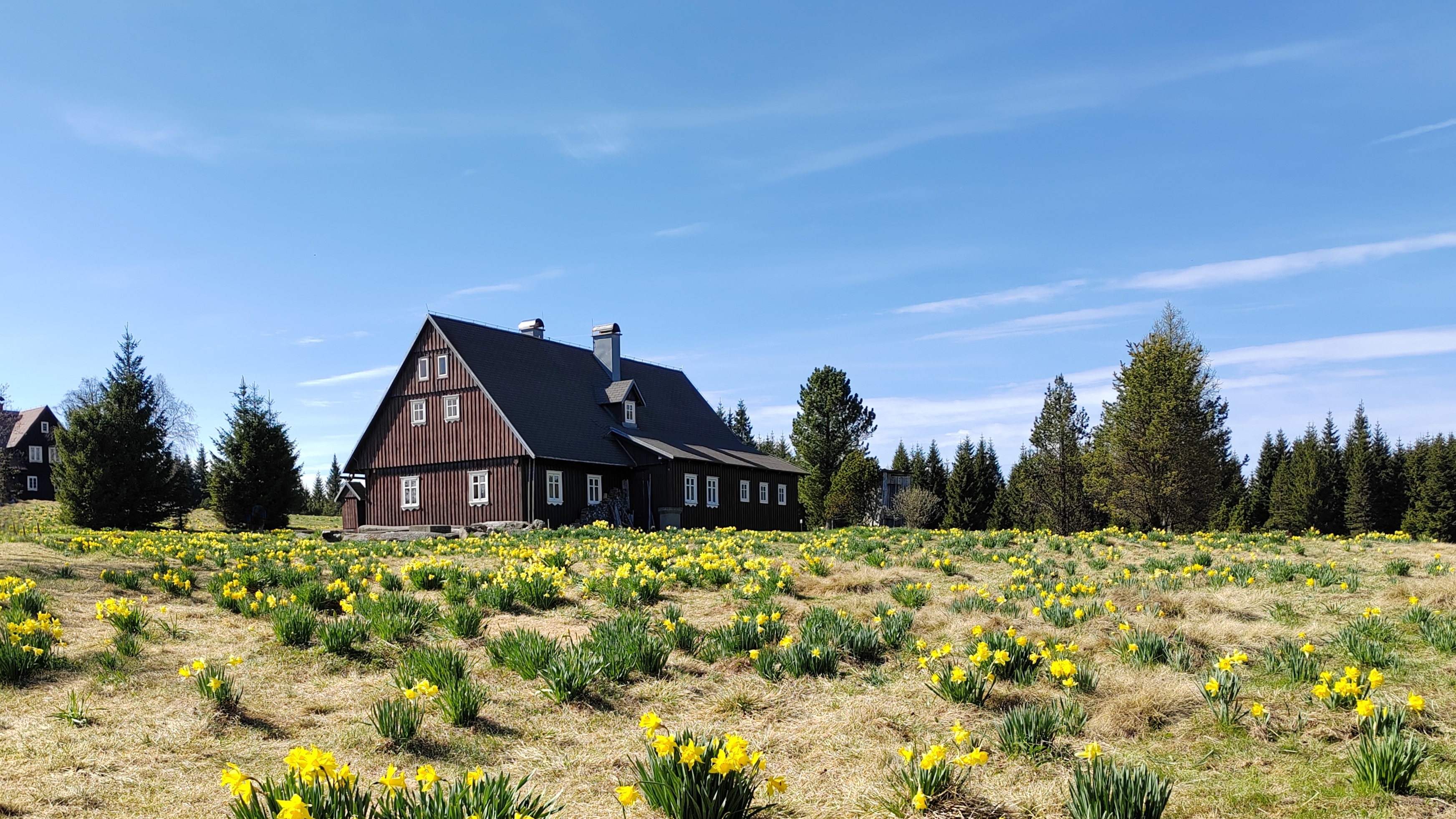 Panoramatický pohled na osadu Jizerka s typickou horskou architekturou a okolní přírodou Jizerských hor