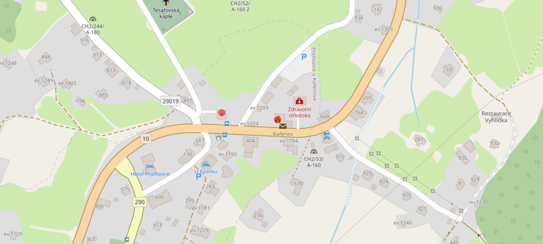 Mapa zobrazující polohu ordinace v Kořenově
