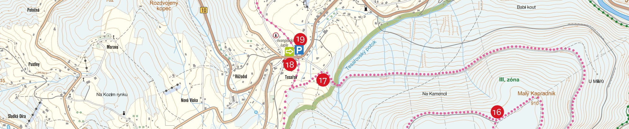 Mapa běžeckých tras v okolí Kořenova a Štěpánky s vyznačenými trasami a nástupními místy